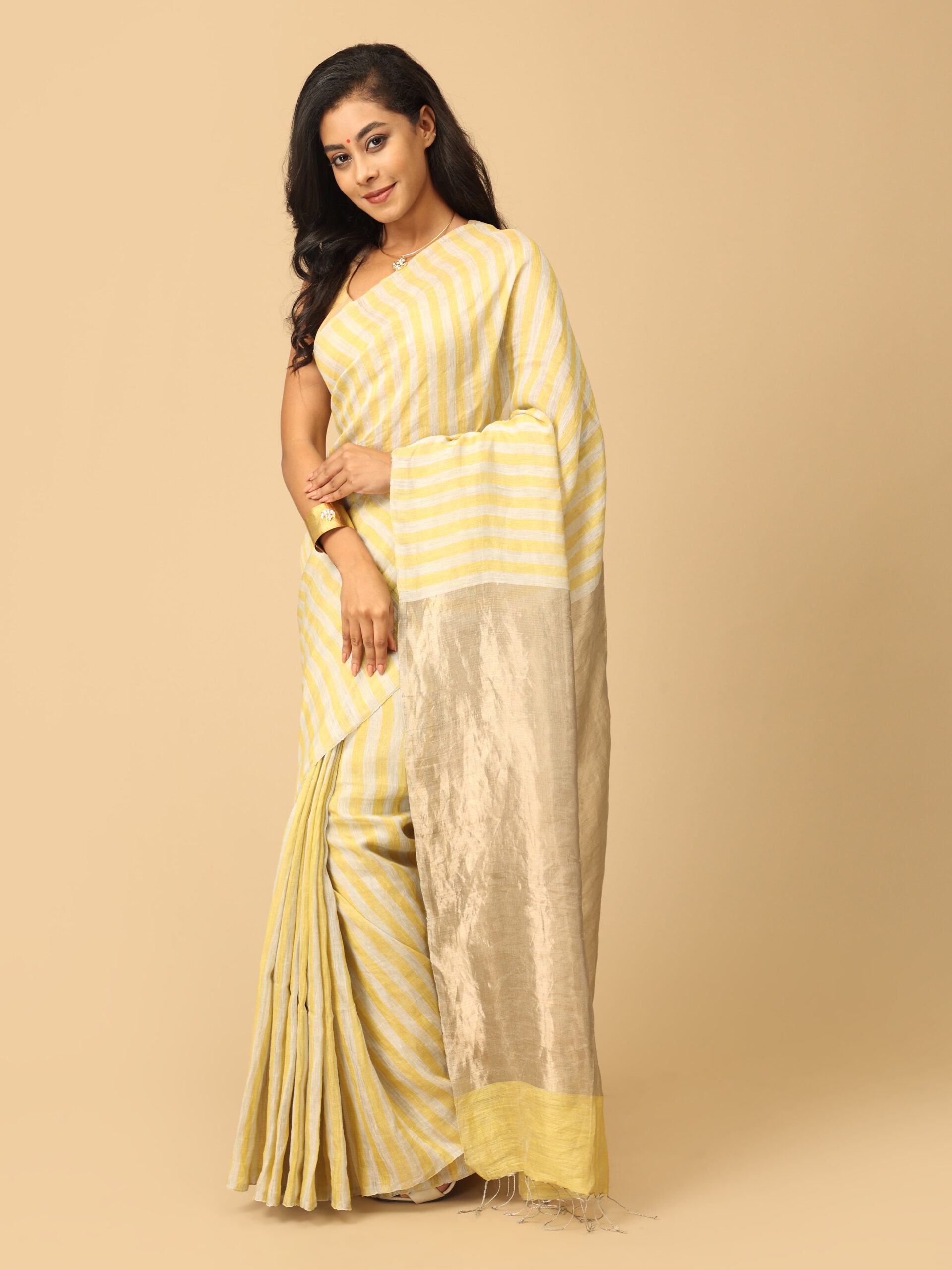 Yellow Linen and Zari Saree