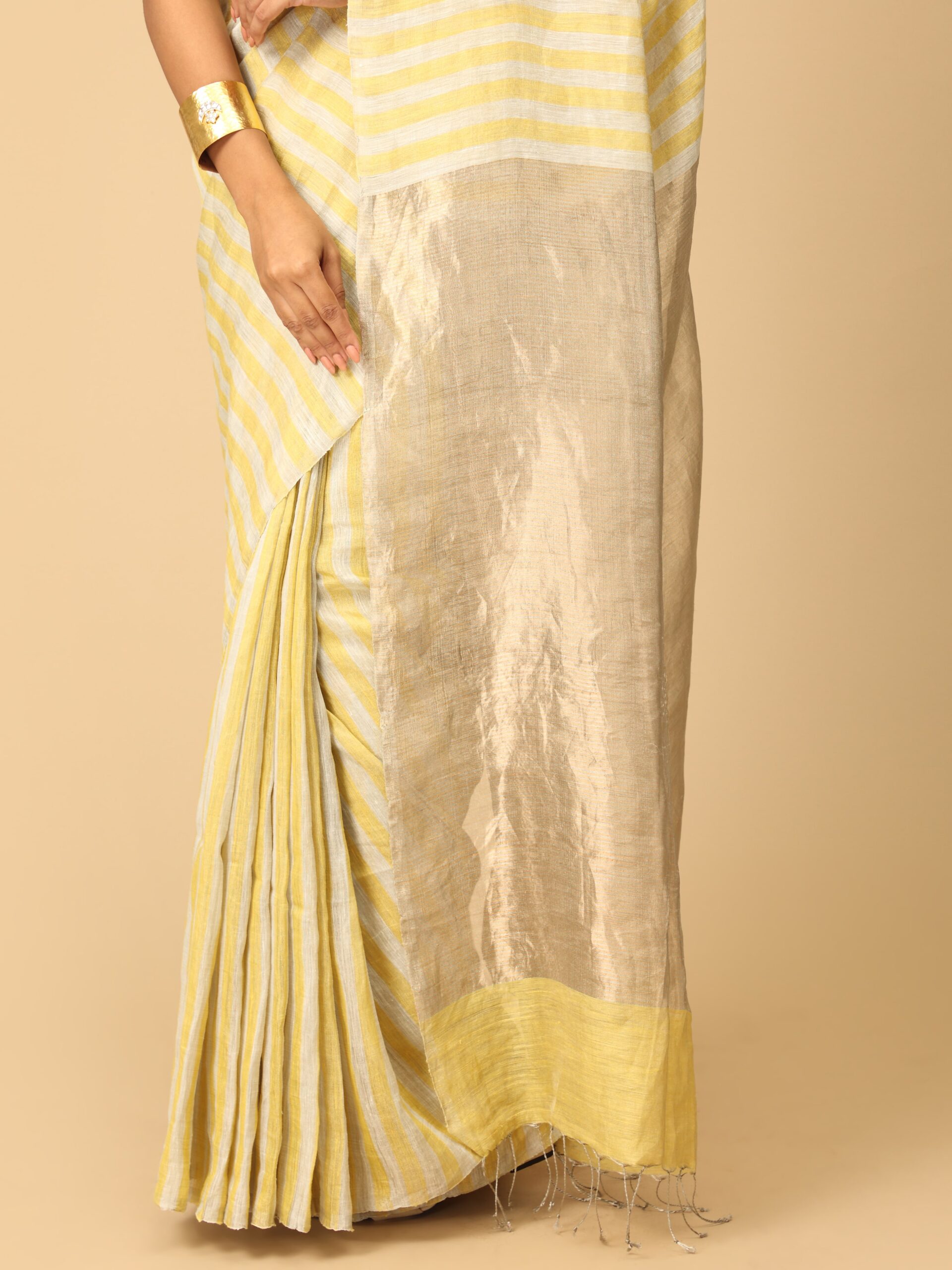 Yellow Linen and Zari Saree - Image 3