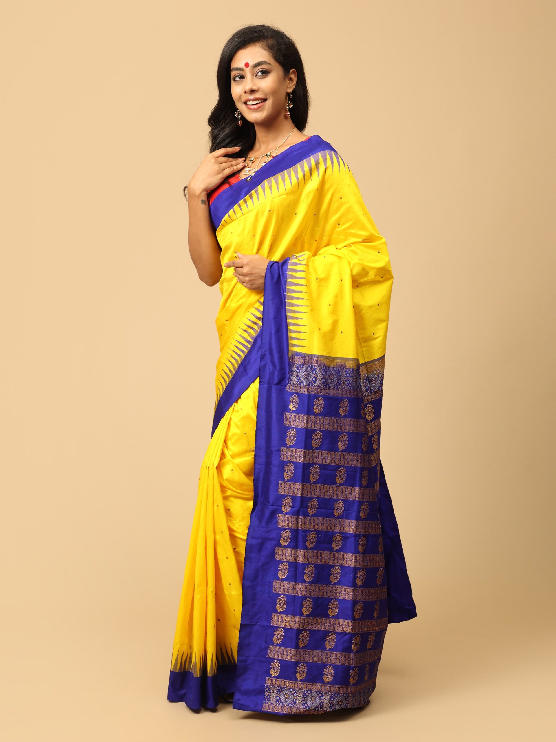 Yellow and Blue Sambalpuri Silk Saree - Image 3