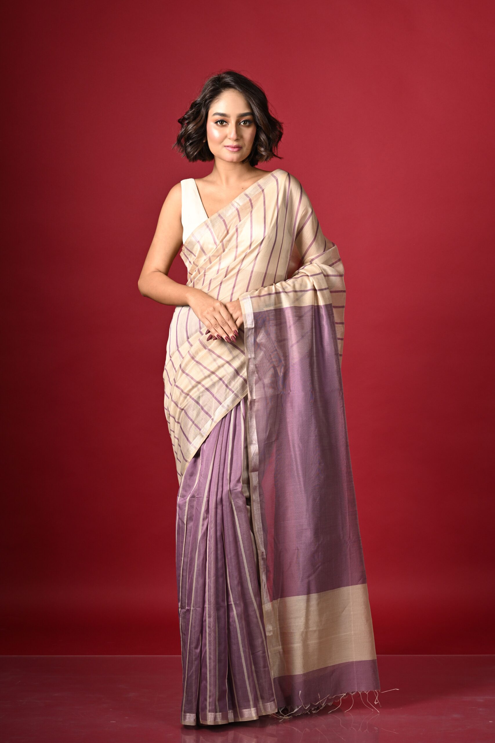 Handwoven Silk Cotton Maheshwari: Lilac - Image 3