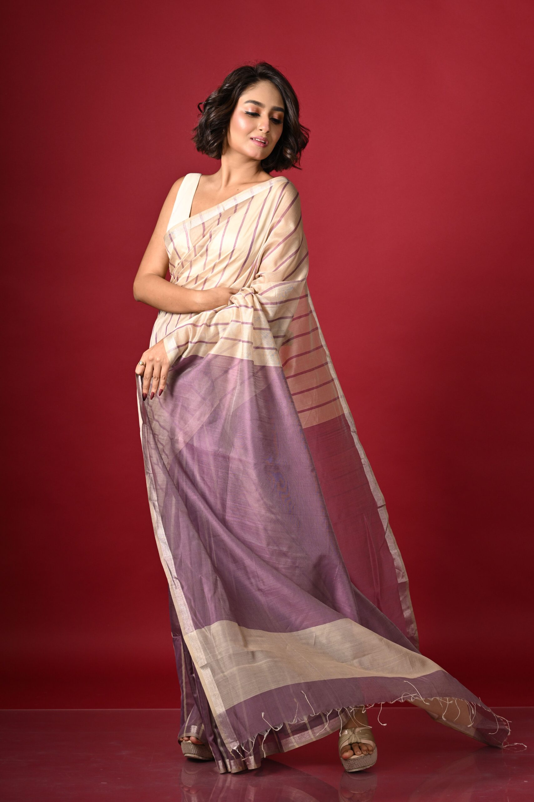 Handwoven Silk Cotton Maheshwari: Lilac - Image 6
