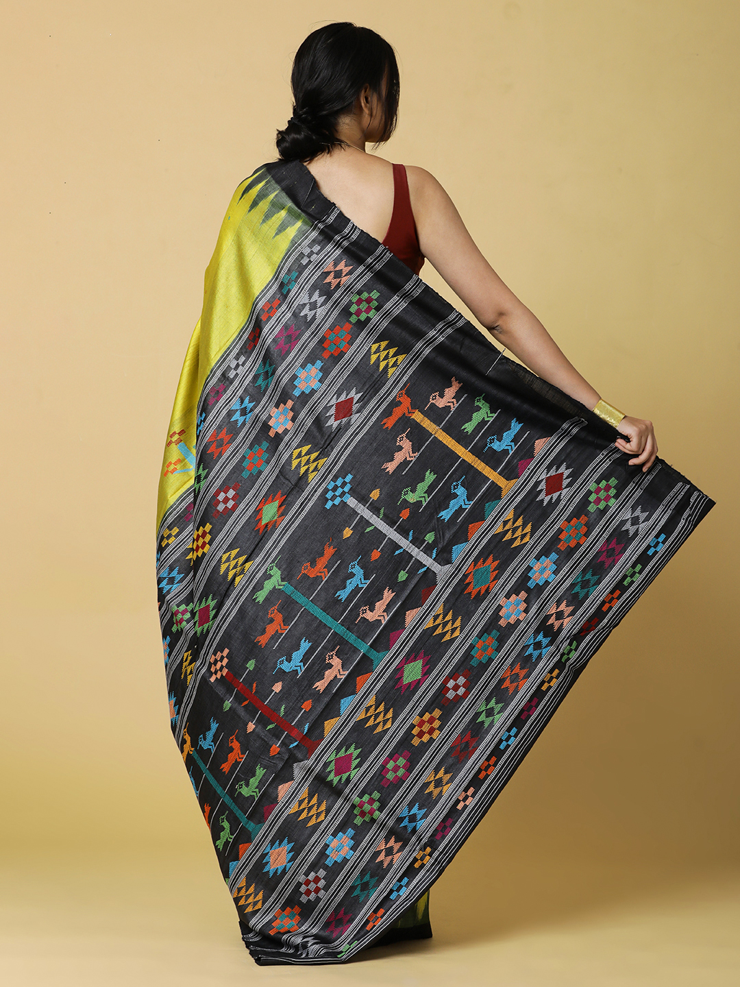 Olive Green with Dark Green Border Saree - Image 3