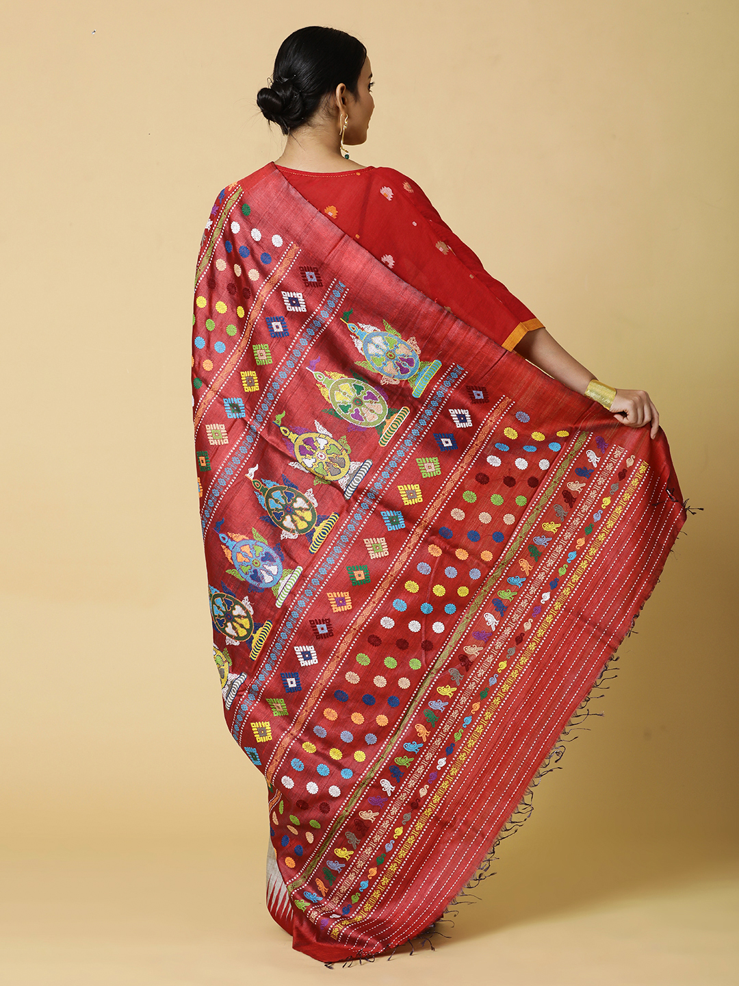 Light Brown with Maroon Border and Shree Chakra Pallu - Image 5