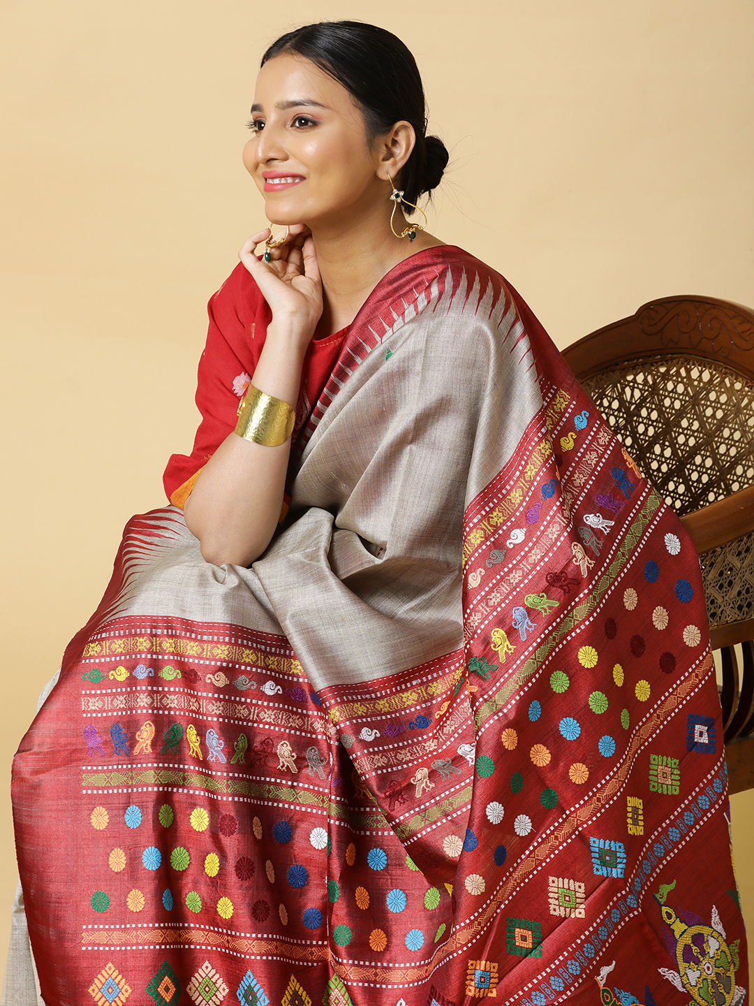 Light Brown with Maroon Border and Shree Chakra Pallu - Image 3