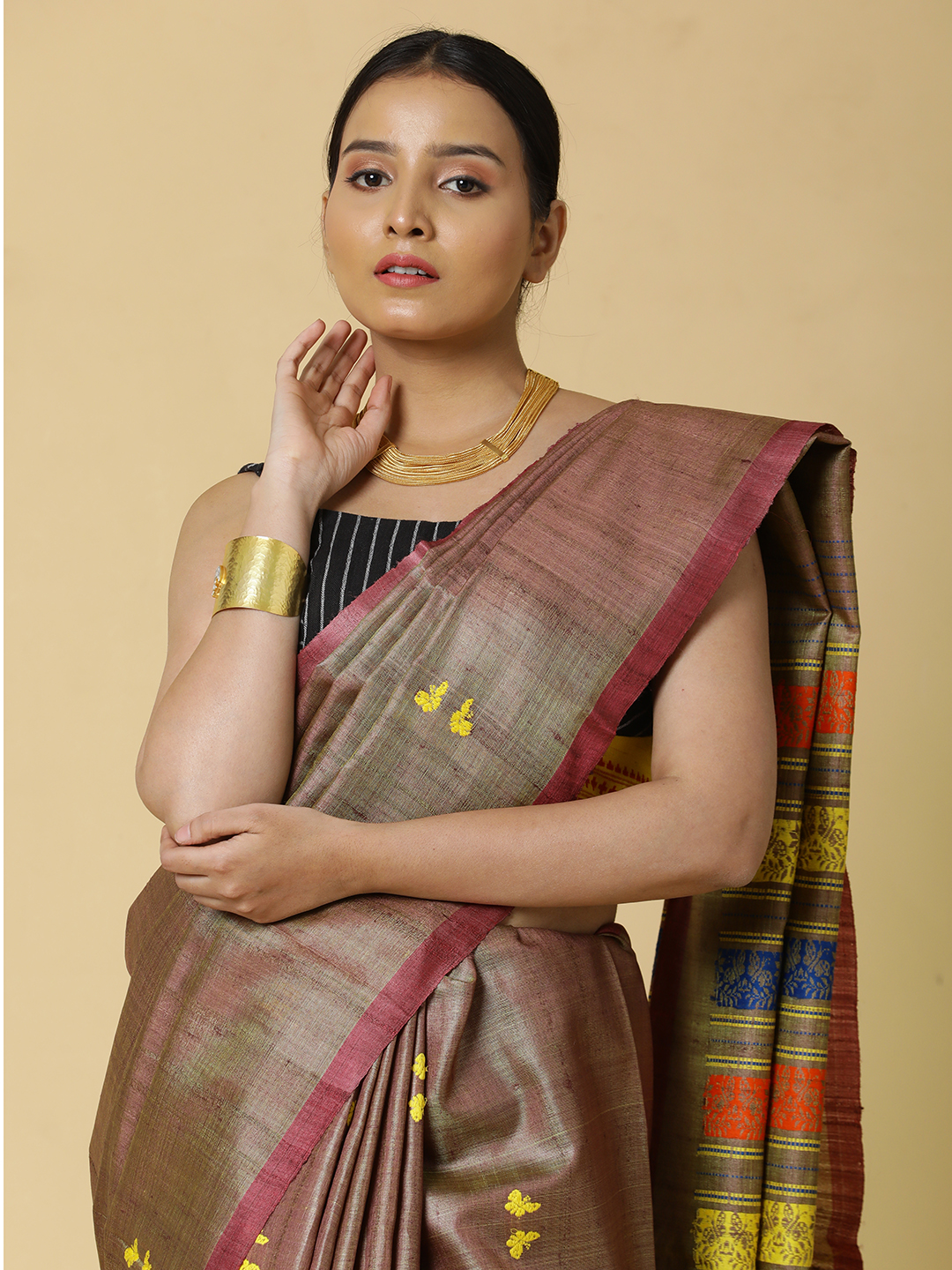 Brown and Yellow Butterfly Saree - Image 3