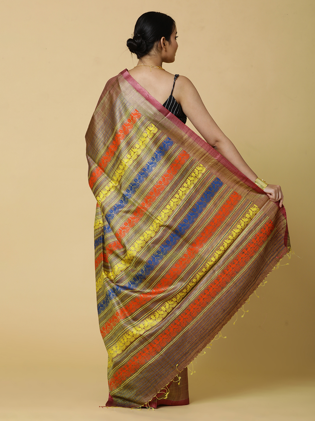 Brown and Yellow Butterfly Saree - Image 4