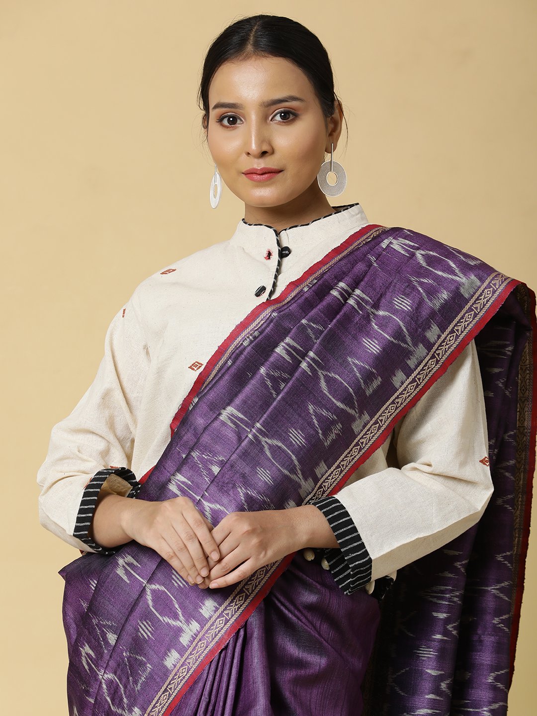 Purple with Red Border Saree with Ikat Motif - Image 4