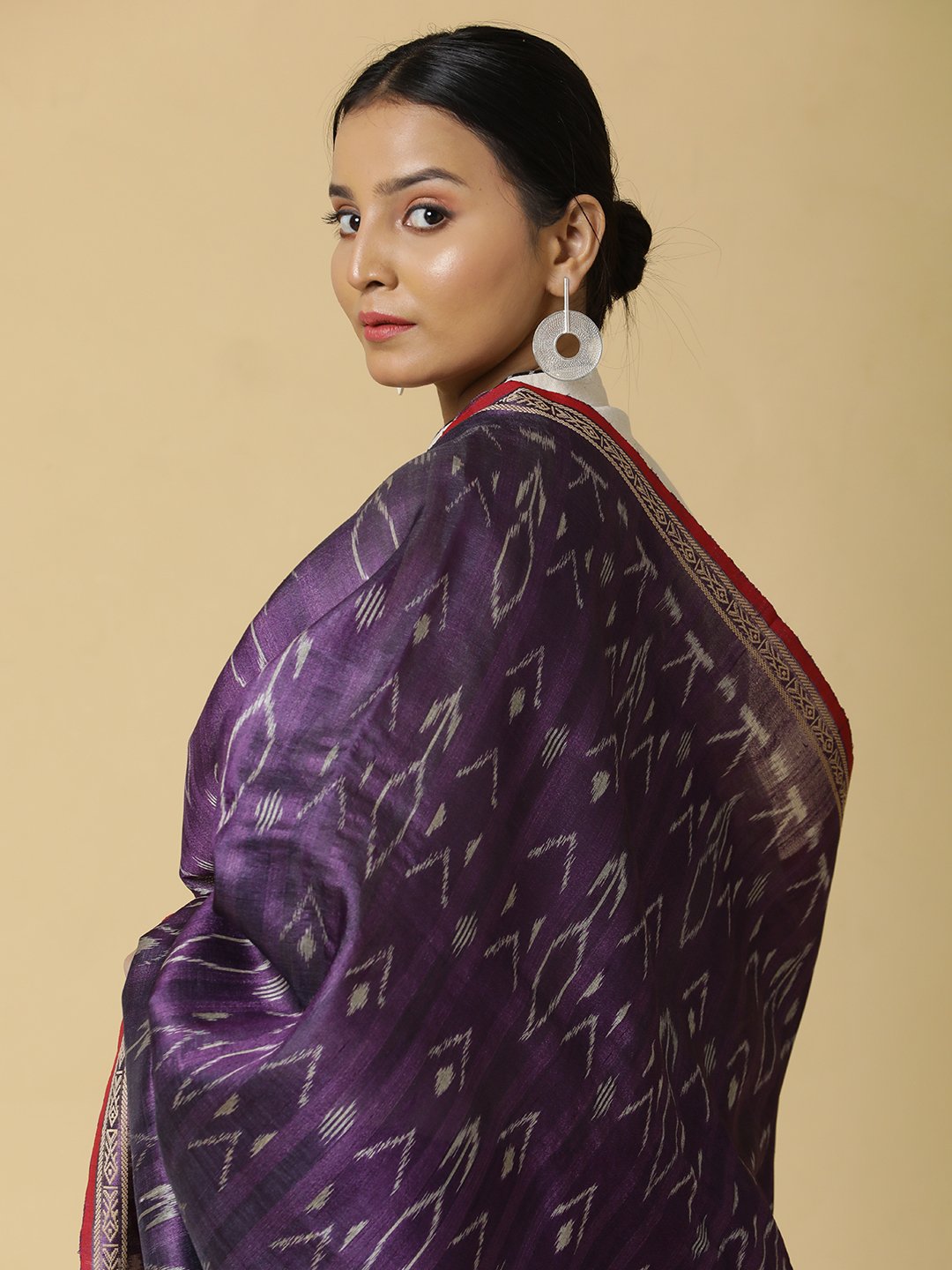 Purple with Red Border Saree with Ikat Motif - Image 3