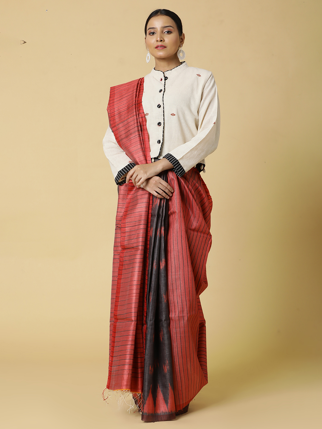 Red and Black Double Ikat Saree with lines - Image 3