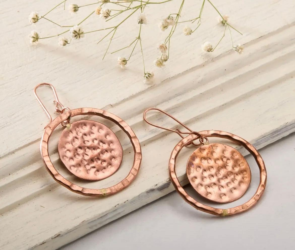 Copper hoop dice earrings