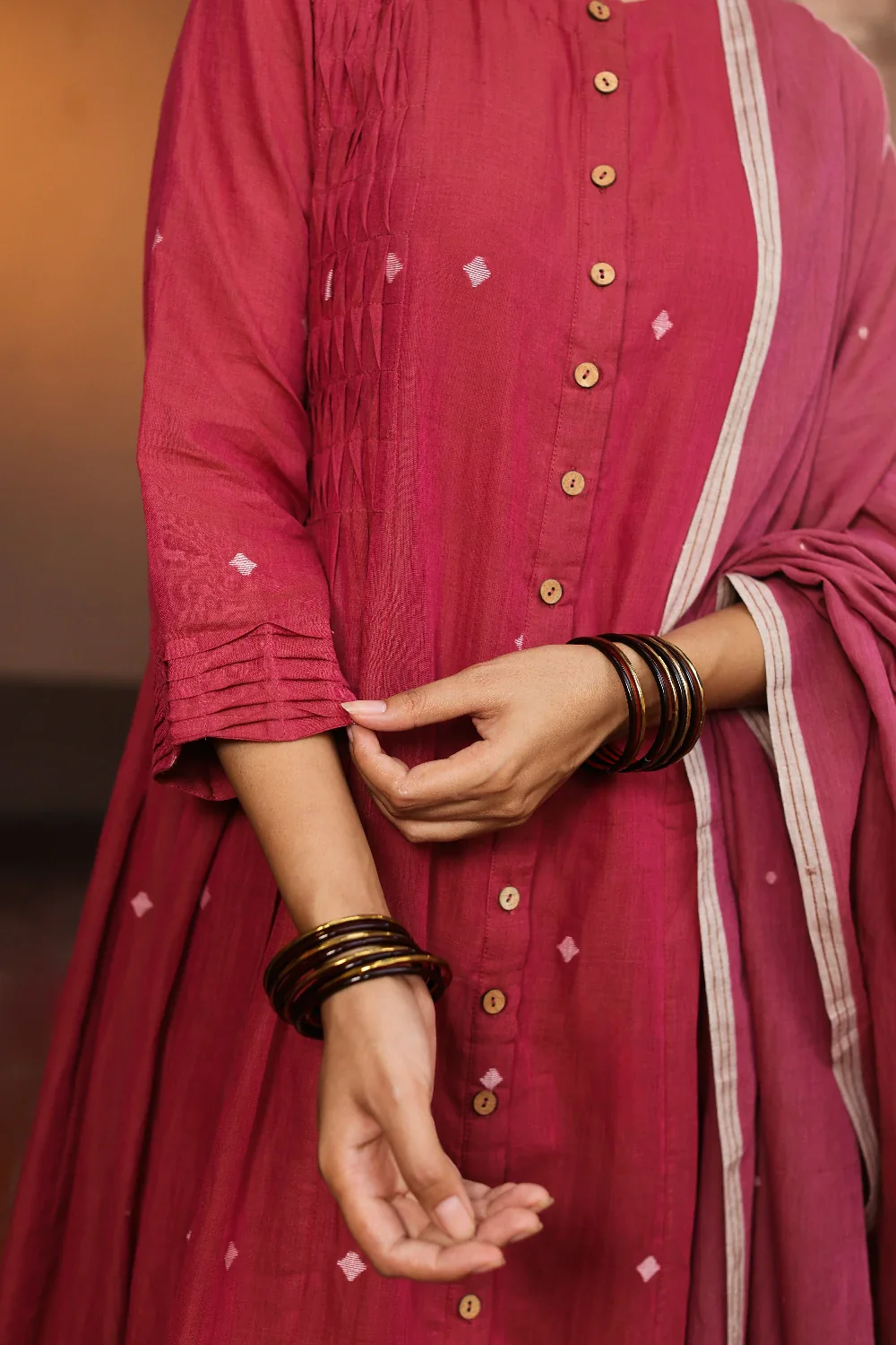 Handloom Pink Pure cotton Jamdani Kurta Set With Dupatta - Image 3
